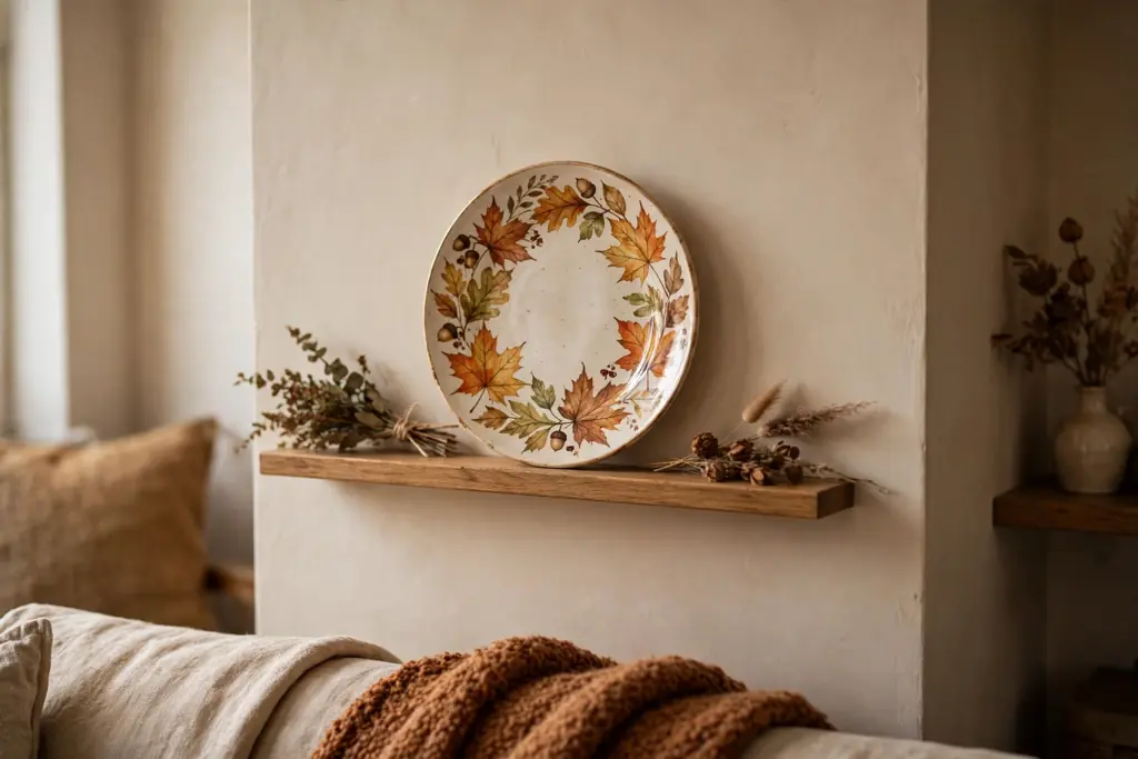 Single fall plate displayed on a narrow picture ledge on a wall in a small living room.