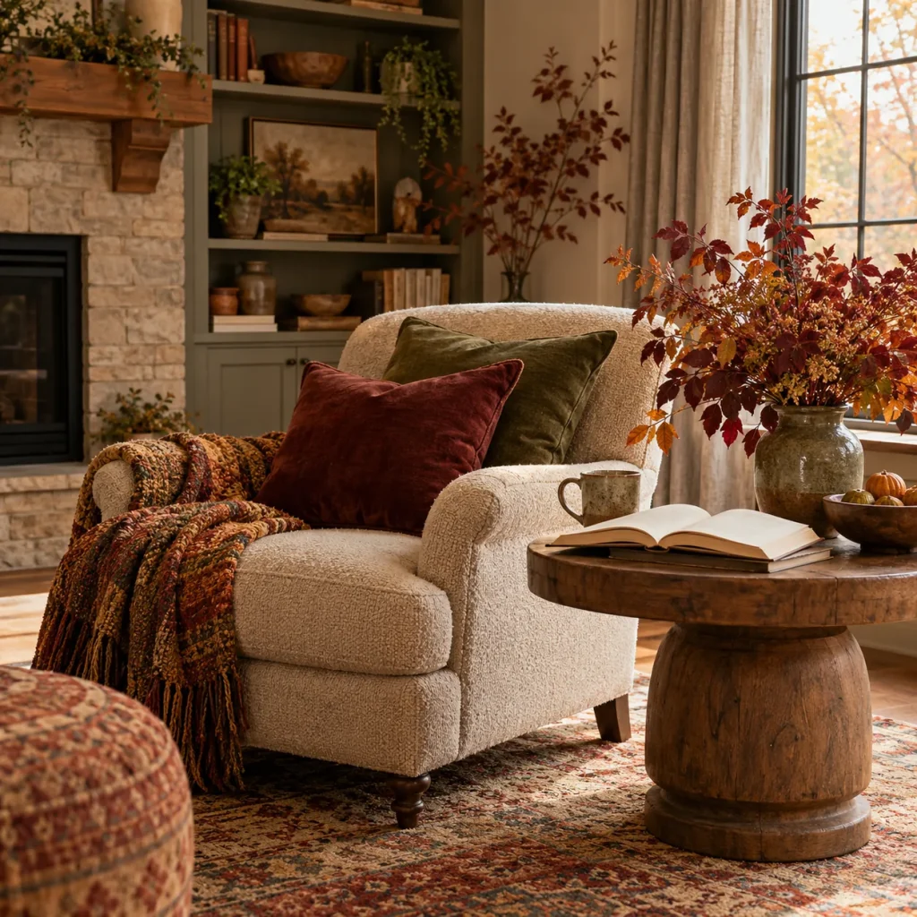 A comfortable living room reading chair with a side table and an open book.