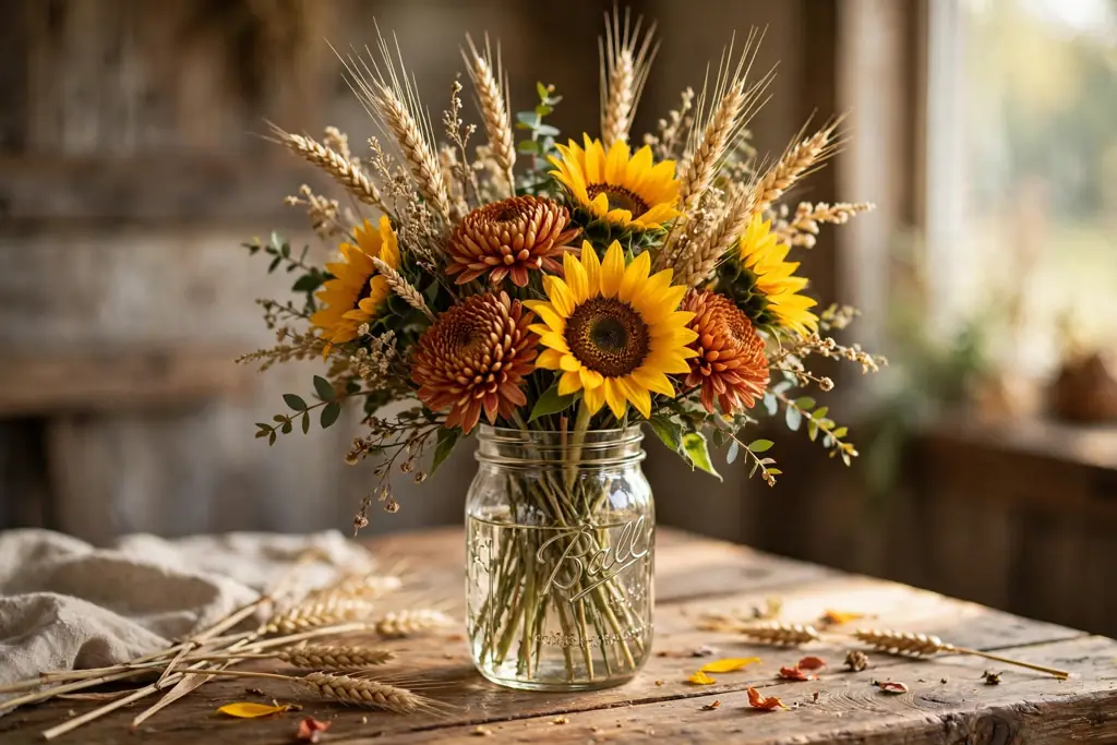 Mason jar bouquet with sunflowers, wheat stems, and rust chrysanthemums on a wood table.