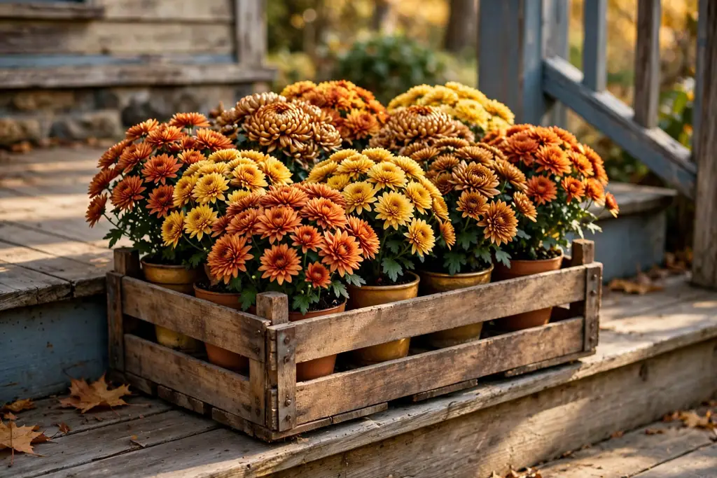 Wooden crate filled with potted chrysanthemums in rust and gold tones.
