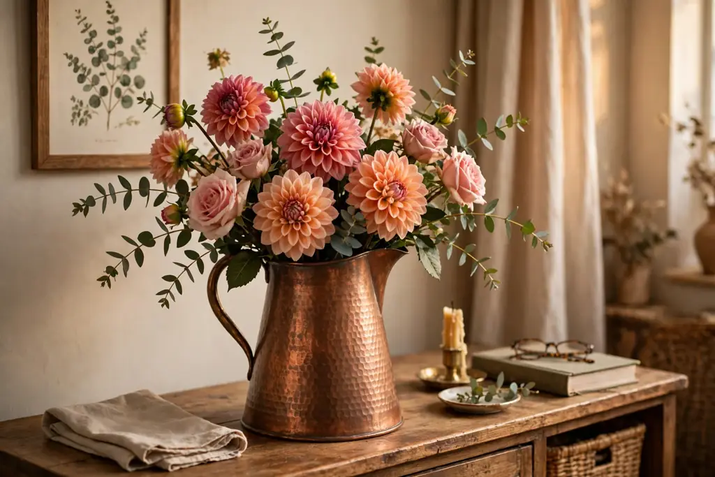 Copper pitcher holding dahlias, roses, and eucalyptus stems on a sideboard.