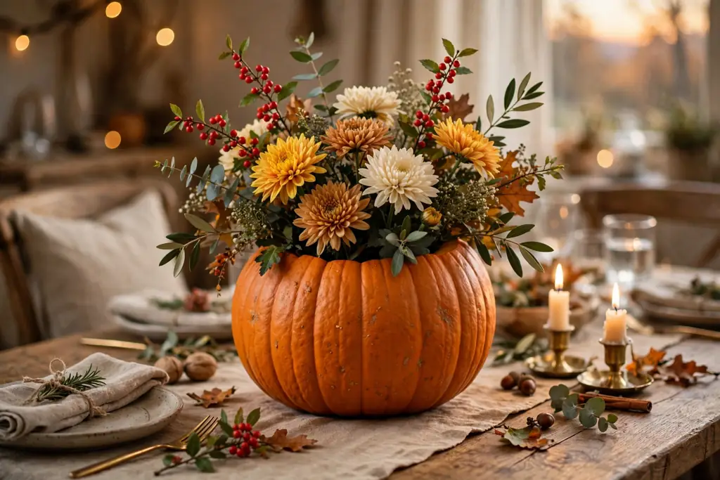 Hollowed pumpkin vase with chrysanthemums and berry sprigs as a dining table centerpiece.
