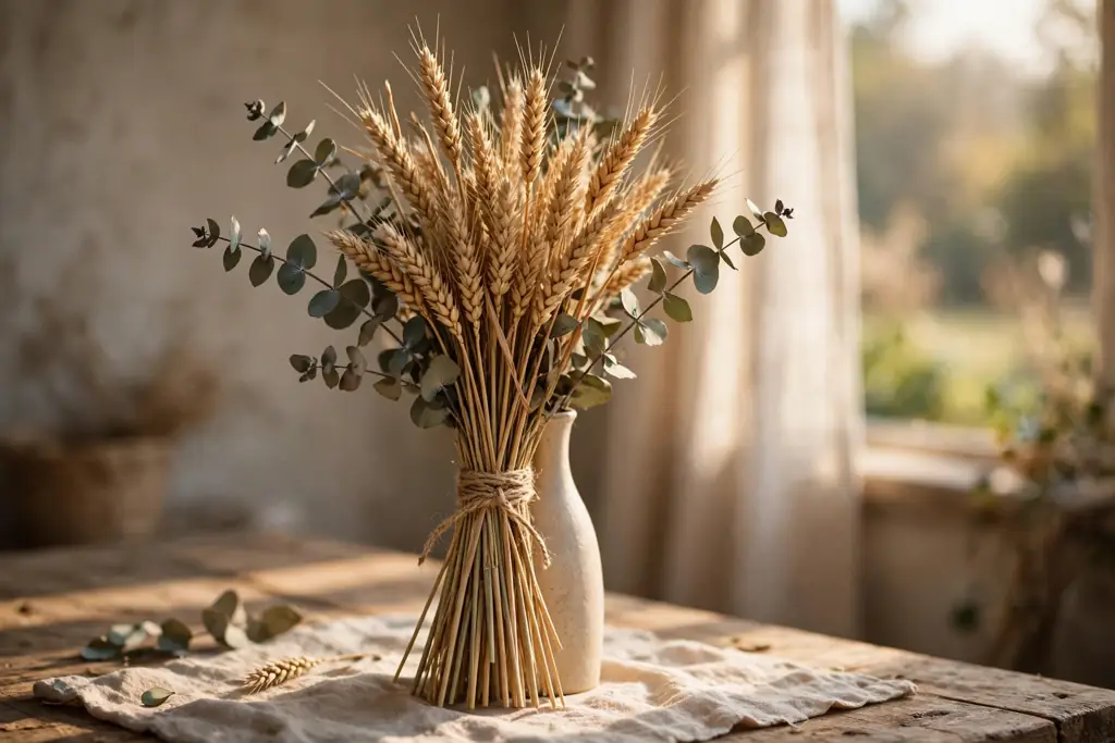 Dried wheat and eucalyptus bundle tied with twine in a tall vase.