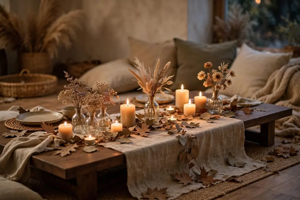 Low dining table arrangement with small flower vases, candles, and dried leaves along a runner.