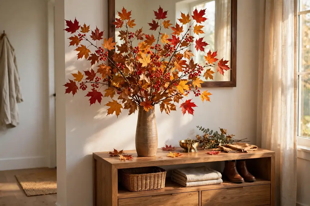 Tall vase with autumn branches and berries on an entryway console table.