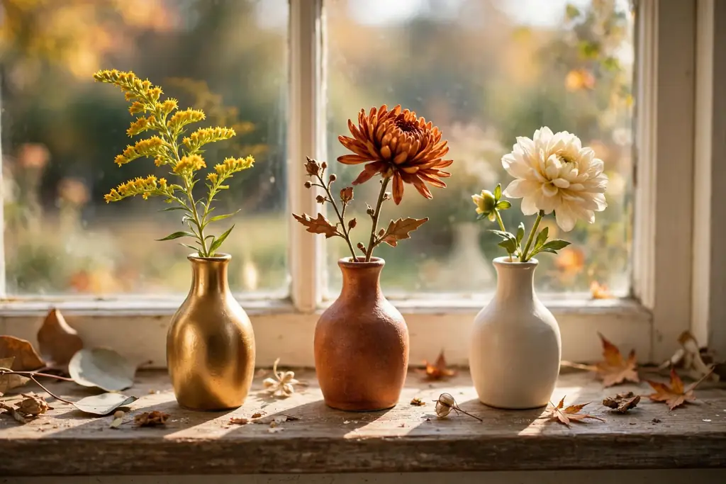 Three small bud vases with single fall flower stems on a sunny windowsill.