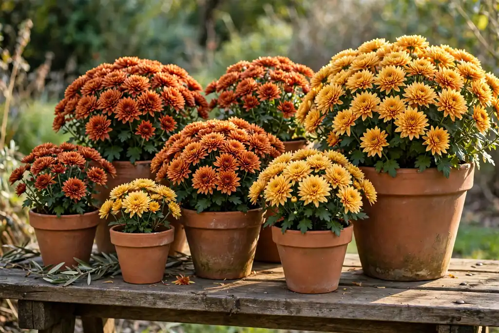 Terracotta pots grouped with chrysanthemums in rust and gold on a bench.