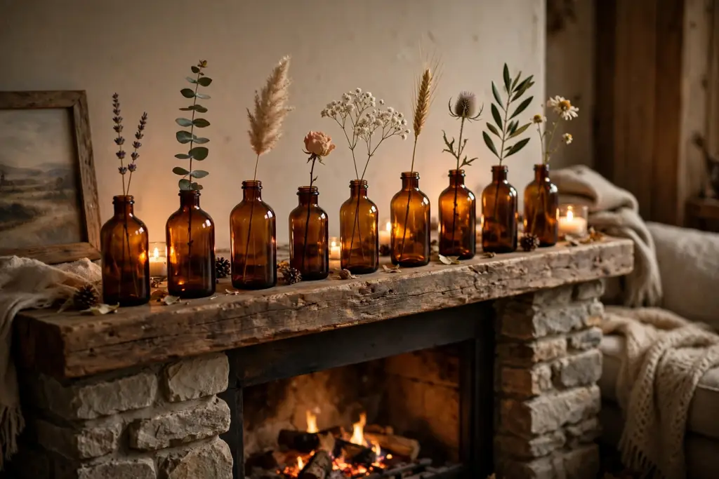 Amber glass bottles holding single flower stems lined along a mantel.