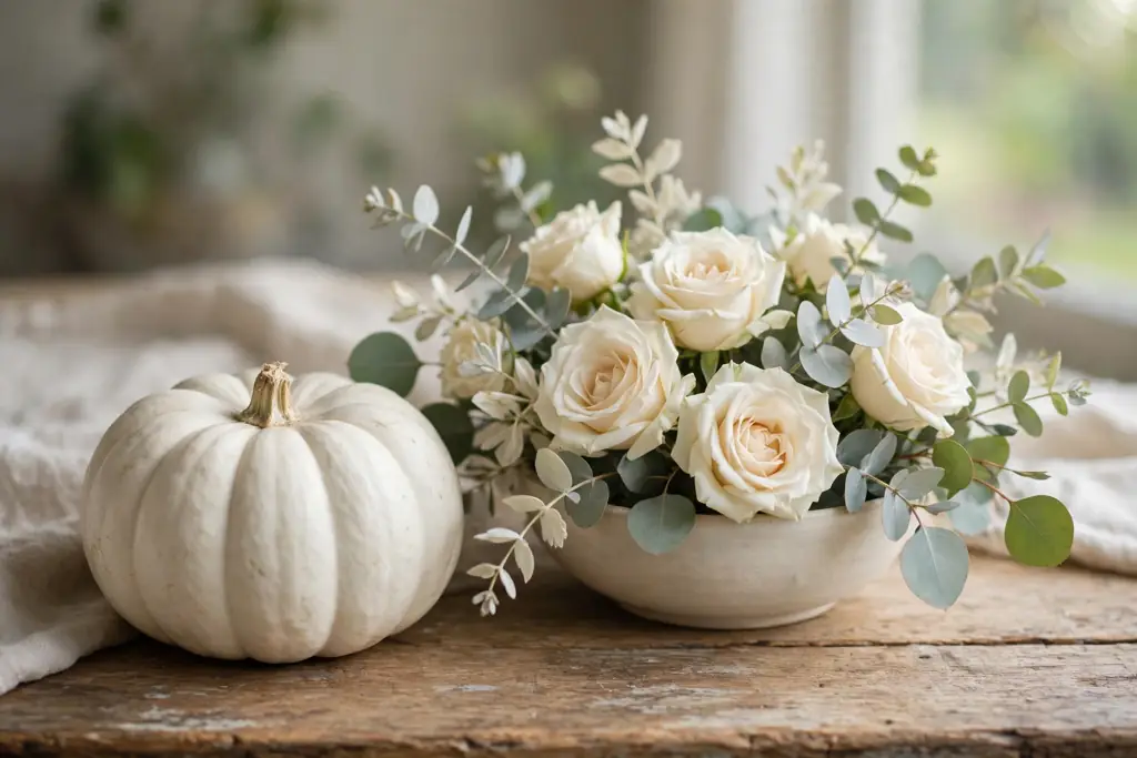 White pumpkin beside a low bowl of cream roses and pale eucalyptus.
