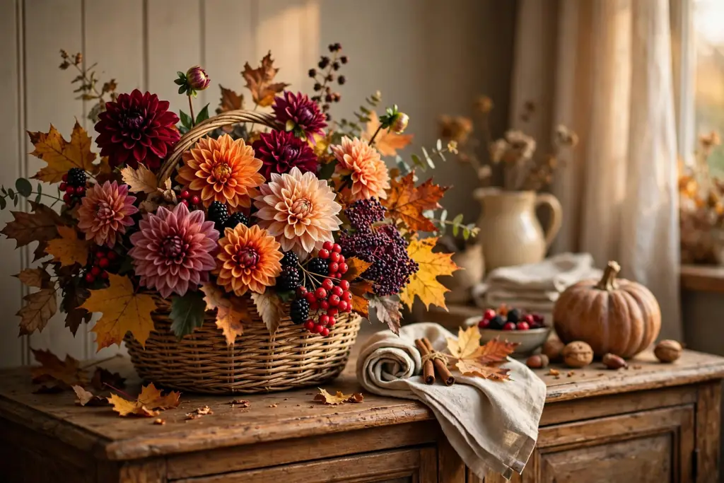 Harvest basket filled with dahlias, berries, and autumn leaves on a sideboard.