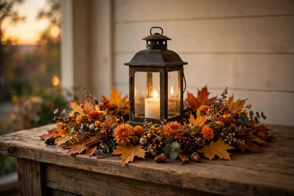Lantern surrounded by a low ring of fall flowers and leaves on a mantel.