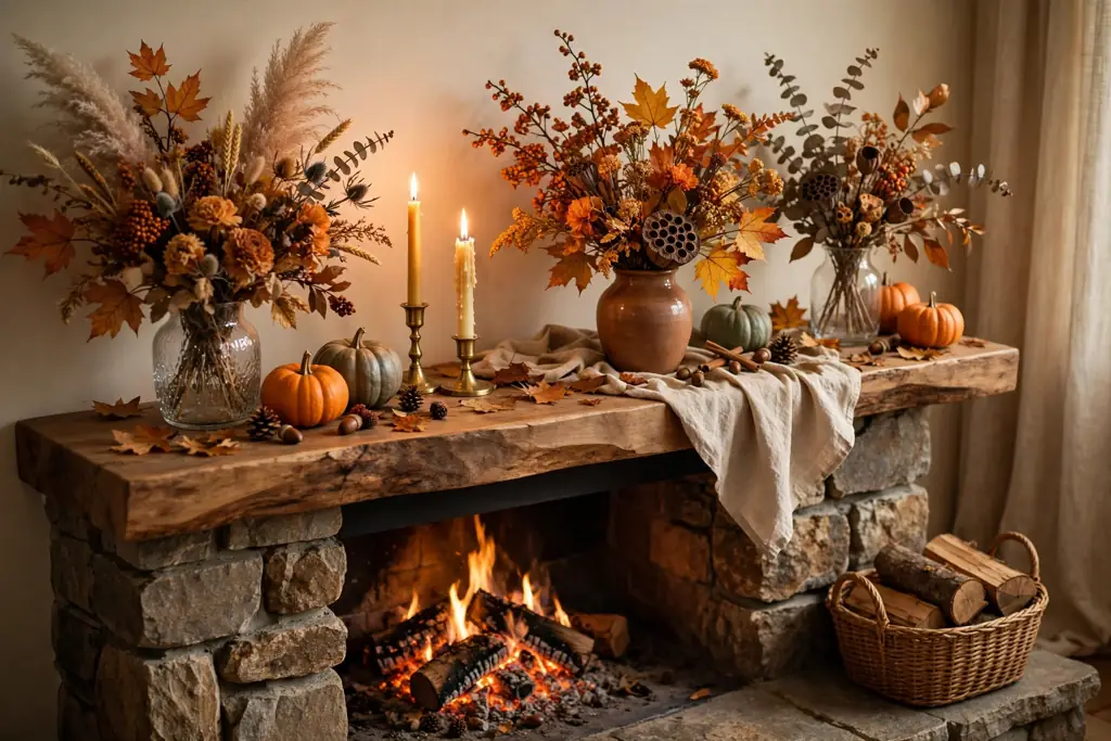 Fireplace mantel styled with fall flower vases and taper candles.
