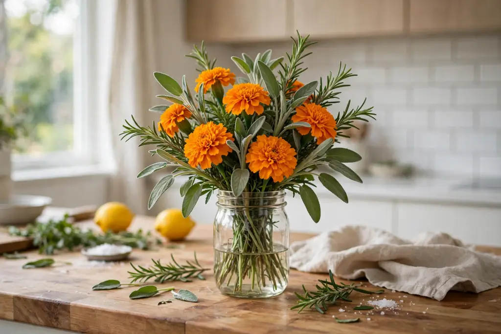 Jar bouquet with marigolds, sage, and rosemary sprigs on a kitchen counter.