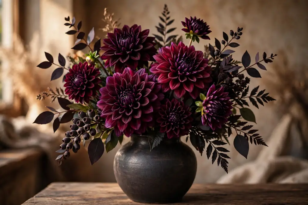 Burgundy and plum flower bouquet with dahlias and dark foliage in a ceramic vase.