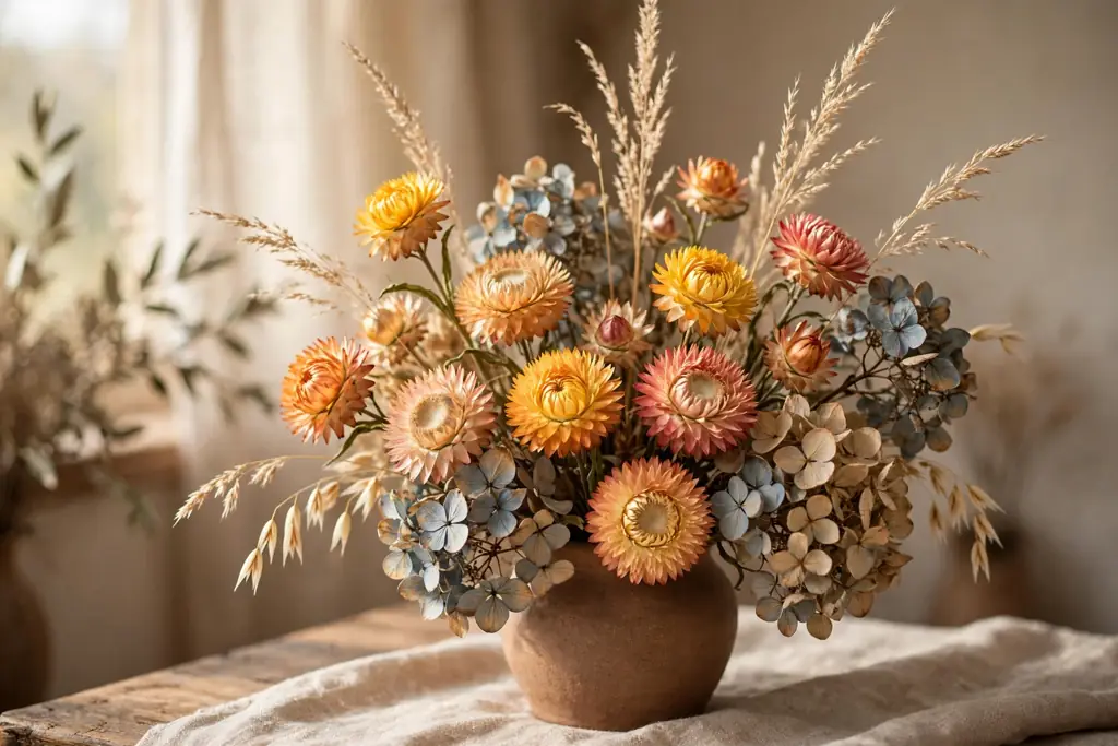 Dried flower arrangement with strawflowers, hydrangeas, and grasses in a vase.