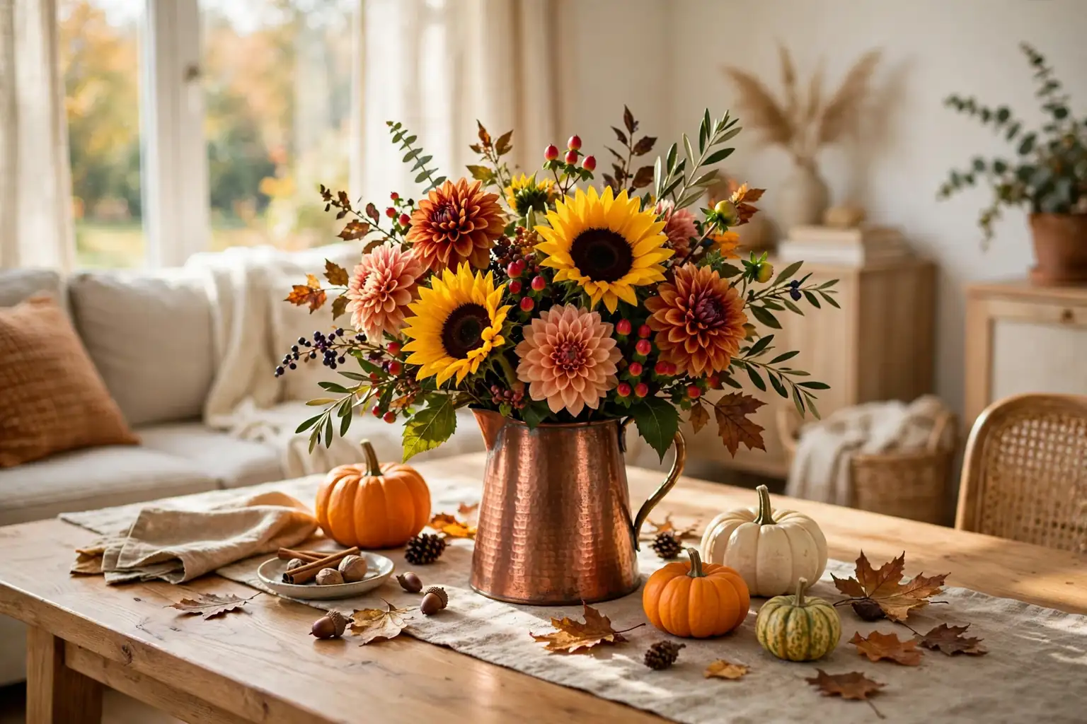 Fall flower arrangement with sunflowers, dahlias, and berries in a copper pitcher on a living room table.