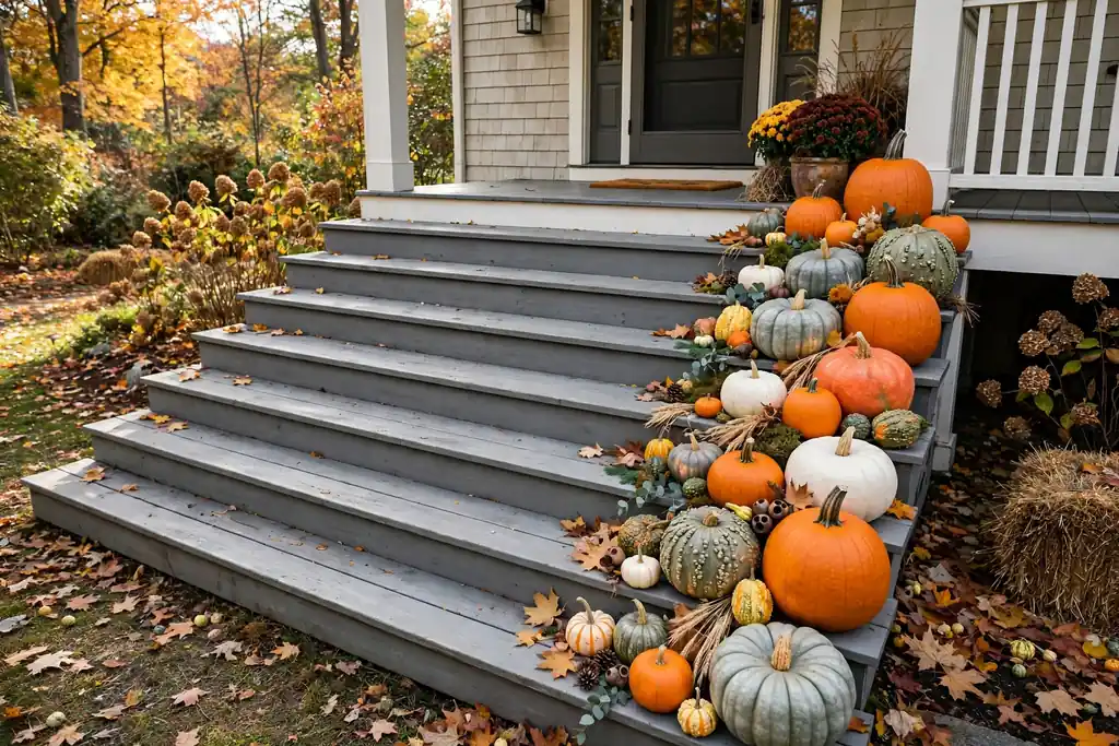 Pumpkins in mixed sizes lining front porch steps.