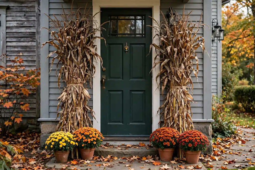 Corn stalk bundles flanking a front door with mums at the base.
