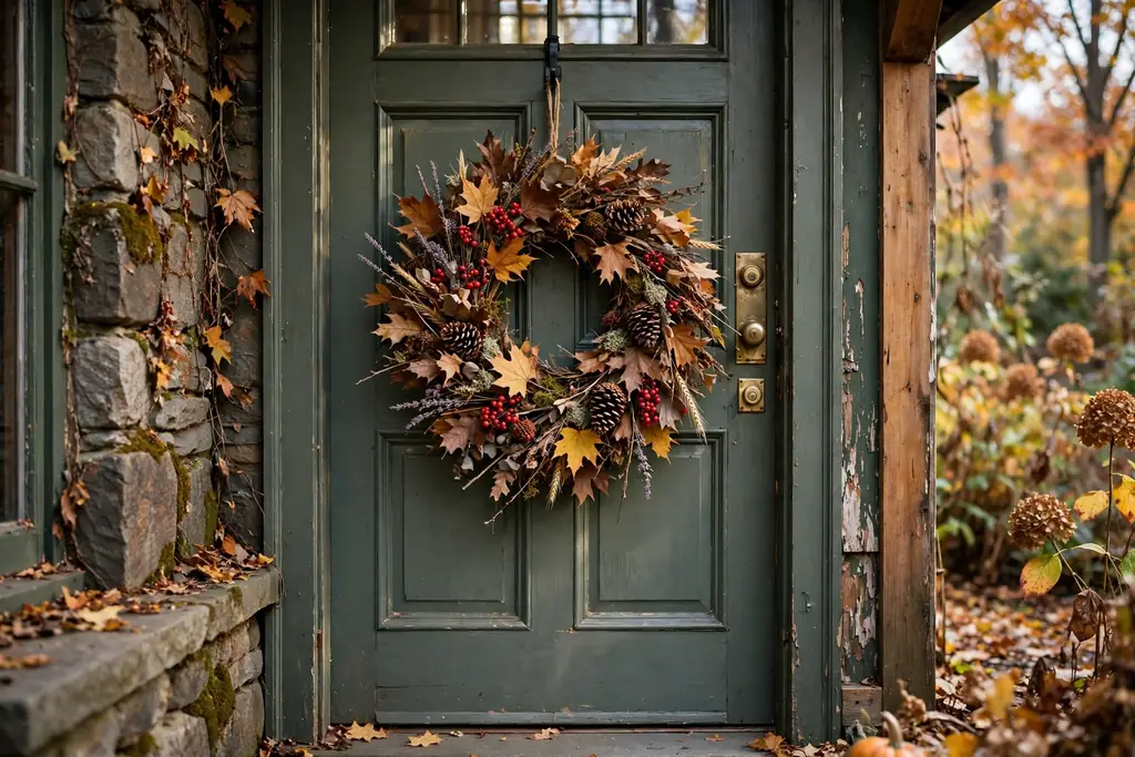 Fall wreath with dried leaves and pinecones on a front door.