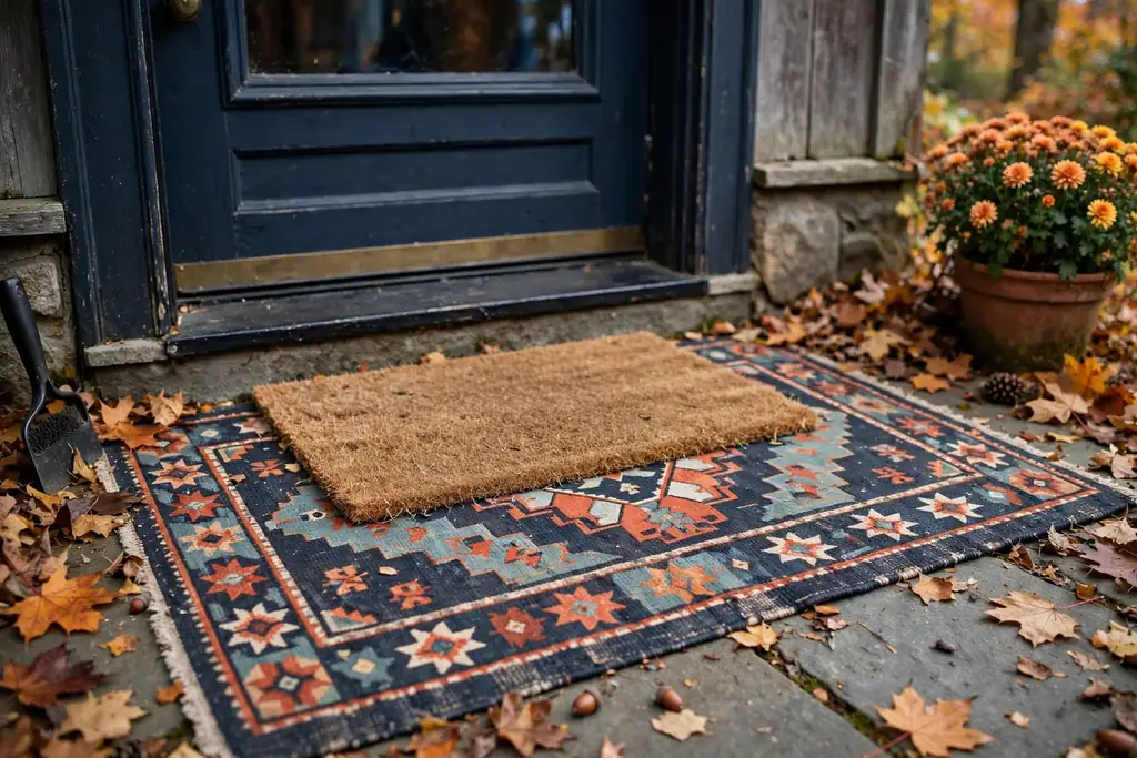 Layered doormats at a front door threshold.