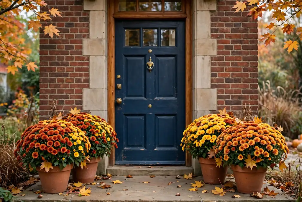 Mums in terracotta pots beside a front door.