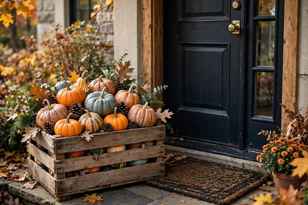 Wooden crate filled with pumpkins and gourds beside a front door.