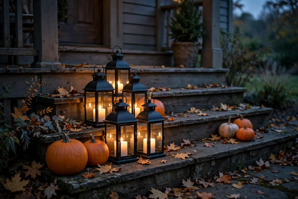 Lanterns with candles along front porch steps.