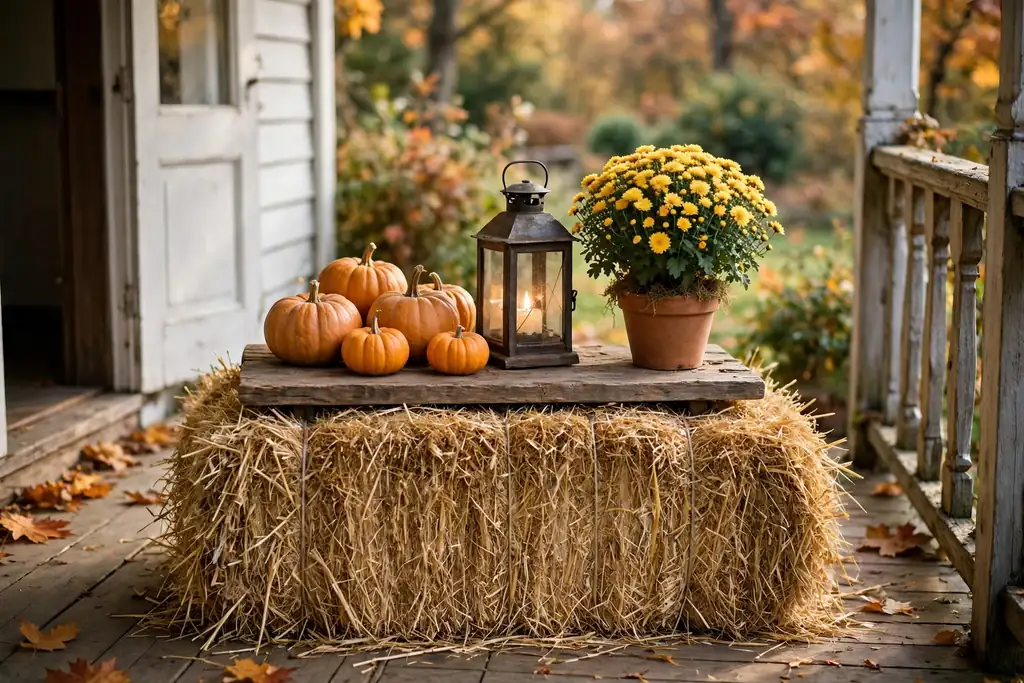 Hay bale display with pumpkins and a lantern on a front porch.