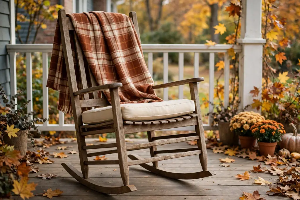 Porch rocking chair with a plaid throw and cushion.
