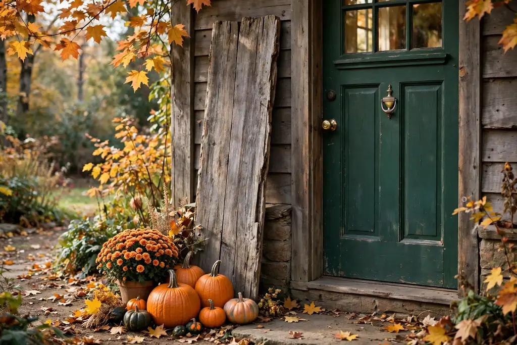 Rustic wood welcome sign leaning beside a front door.
