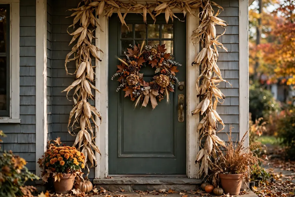 Dried corn garland around a front door frame.