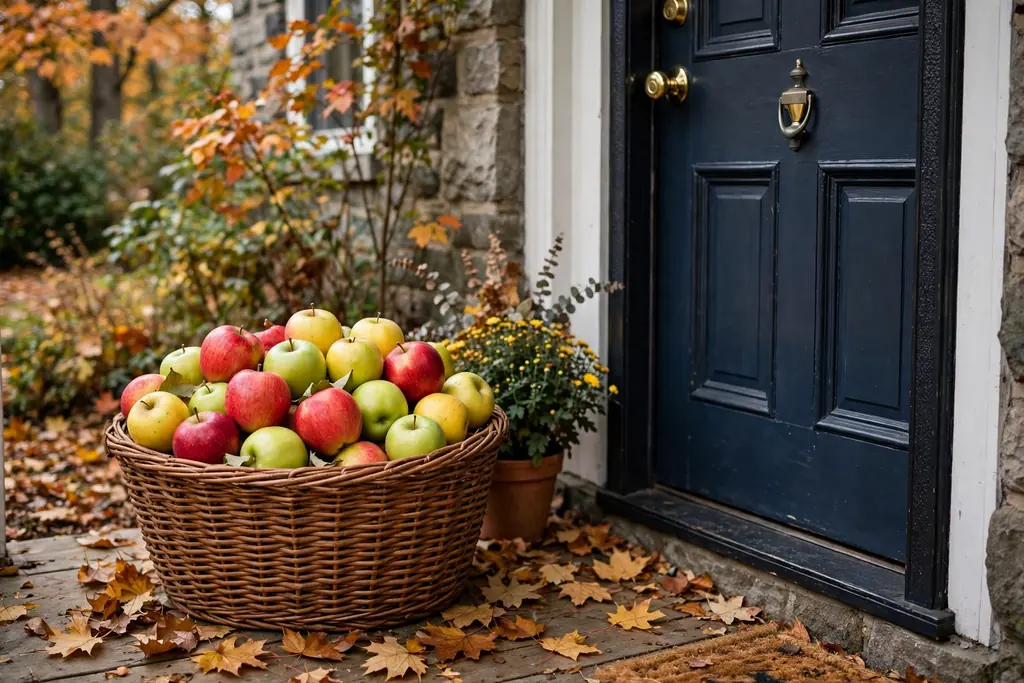 Basket of apples beside a front door.