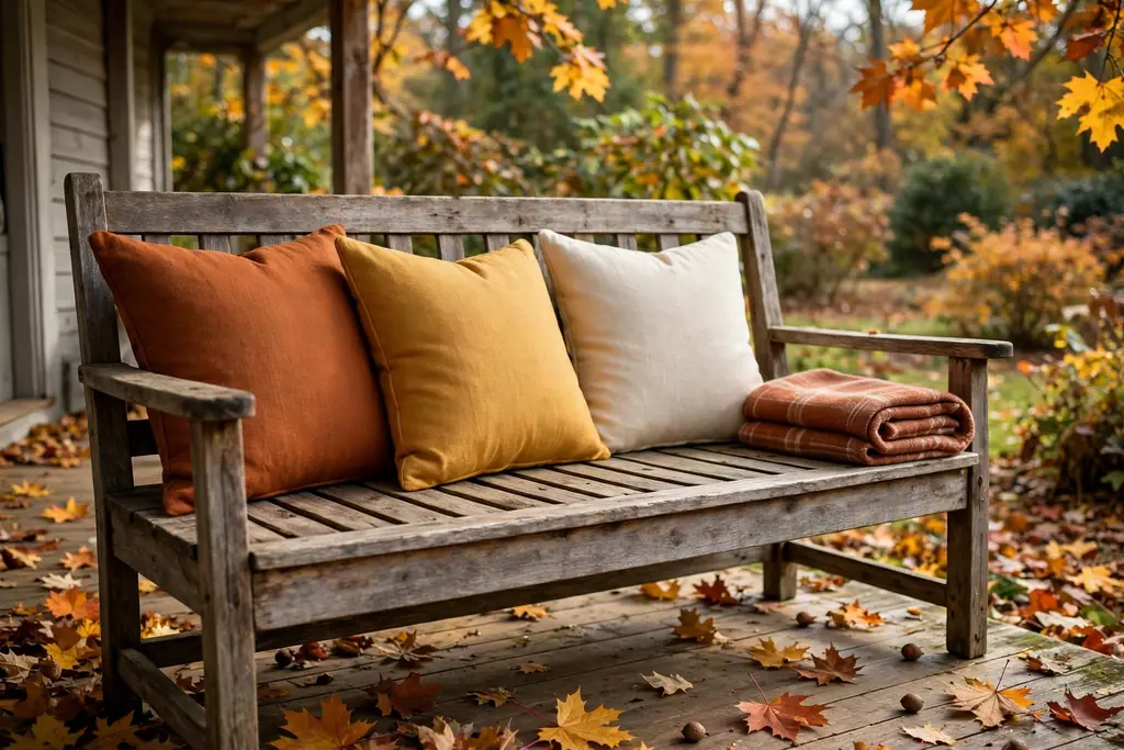 Porch bench with fall cushions and a folded throw.