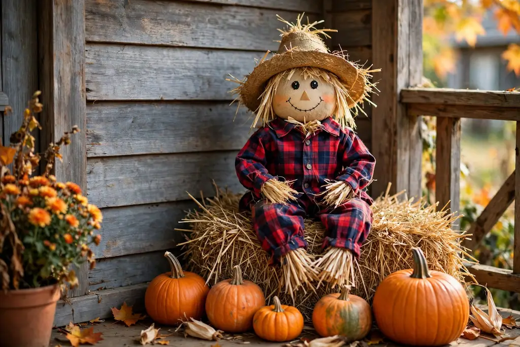 Small scarecrow seated on a hay bale in a porch corner.