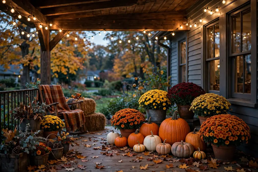 Warm string lights over a fall decorated front porch.