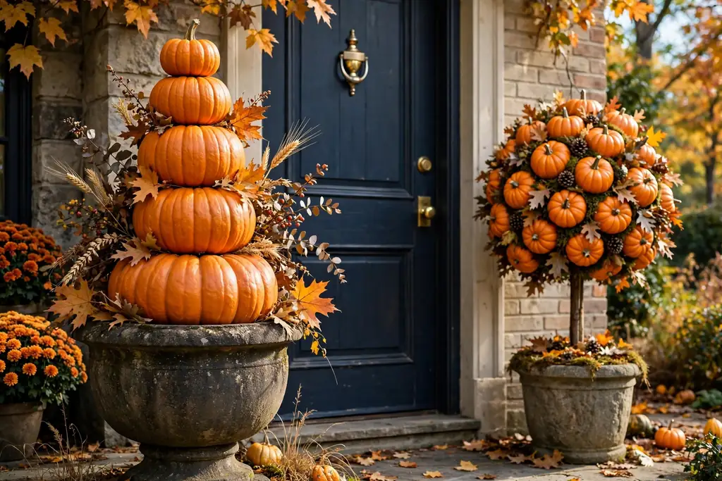 Pumpkin topiary stacked in an urn beside a front door.