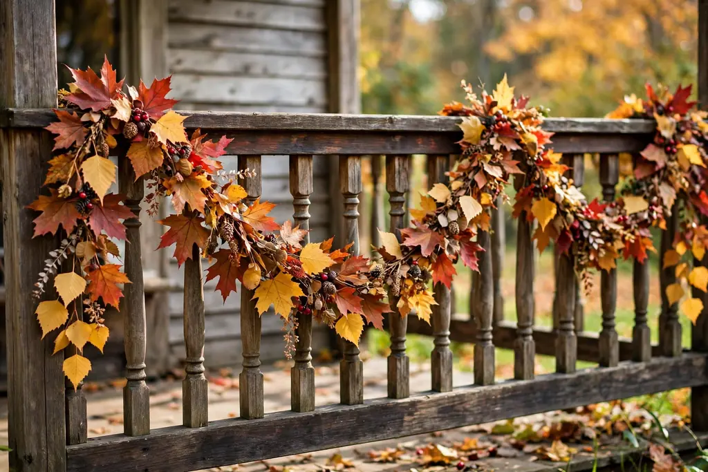 Fall leaf garland along a porch railing.