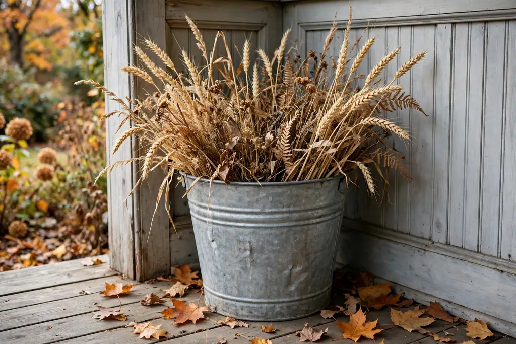 Galvanized bucket with dried wheat on a front porch.