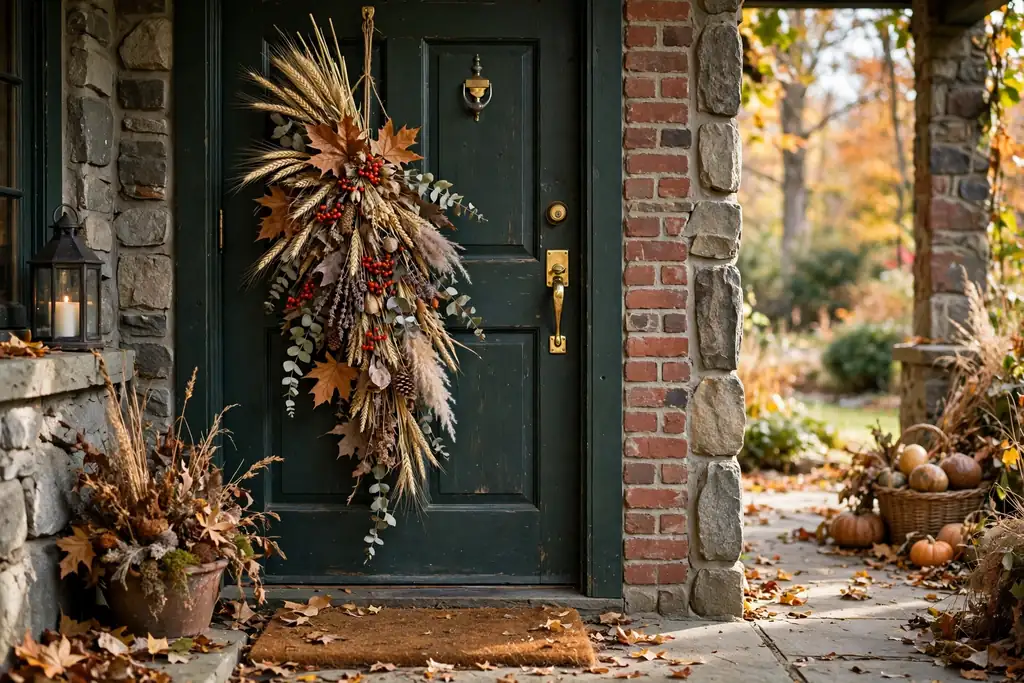 Harvest swag hanging on a front door.