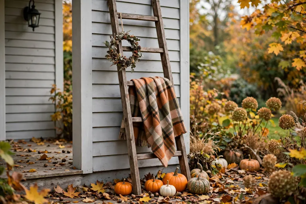 Wooden ladder display with a throw and pumpkins on a porch.