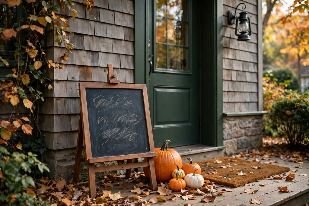 Chalkboard sign with a fall greeting near a front door.