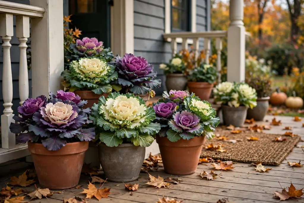 Potted ornamental cabbage and kale on a front porch.