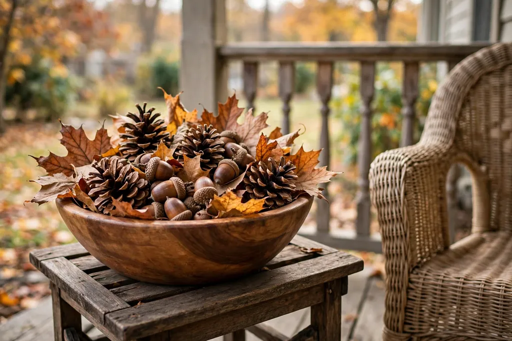 Bowl of pinecones and acorns on a porch side table.