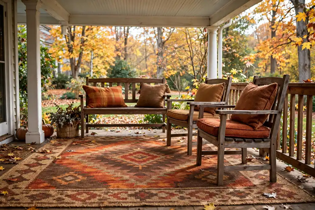 Large fall toned rug under porch seating.