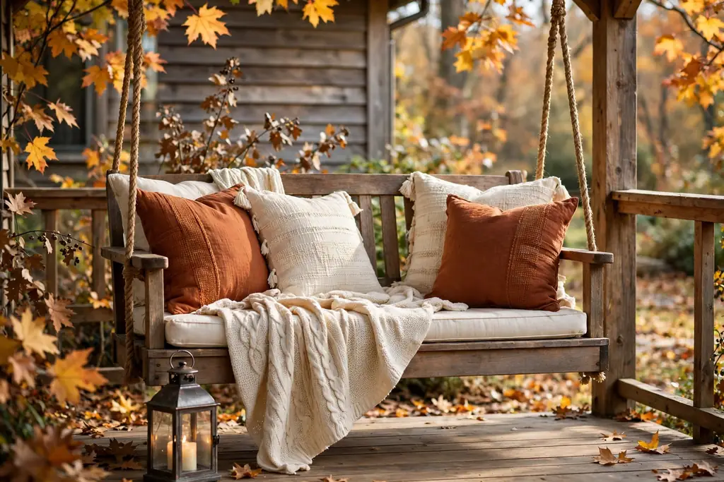 Porch swing with fall pillows and a throw.