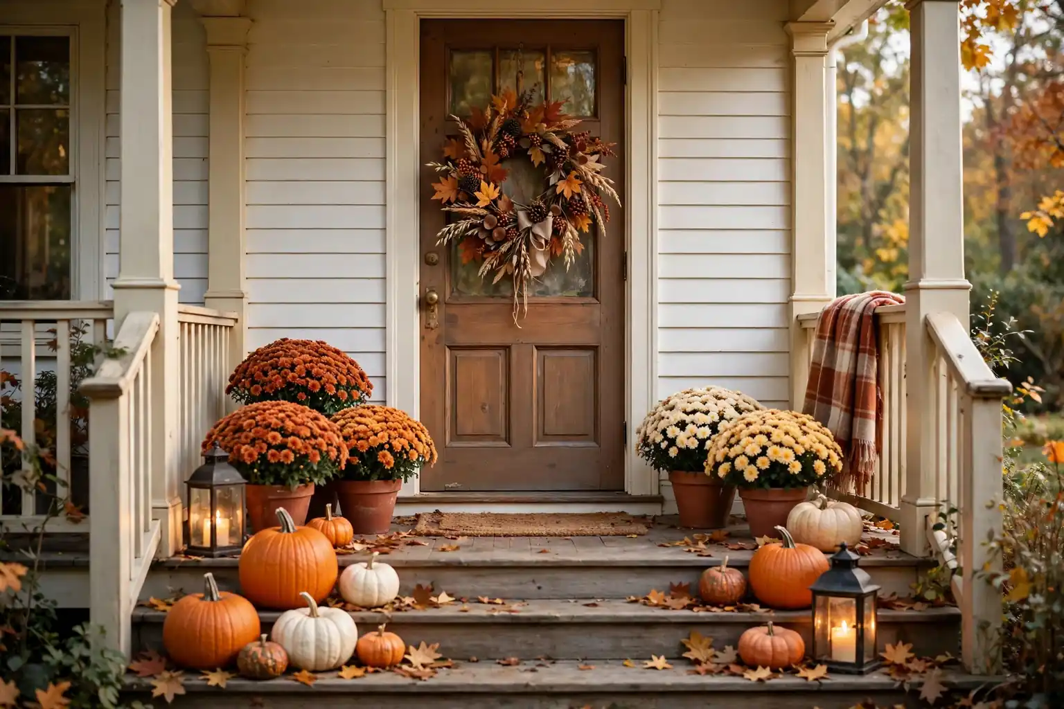 Welcoming front porch dressed for fall with a wreath, mums, pumpkins, and lanterns.