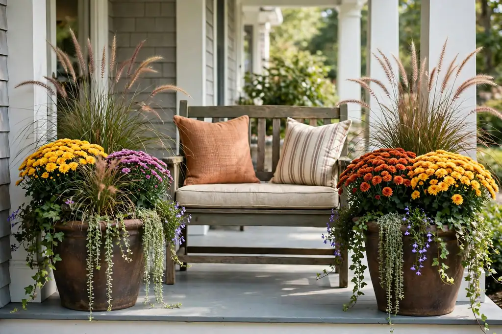 Porch bench with a large planter on each side, filled with mums, grasses, and trailers.