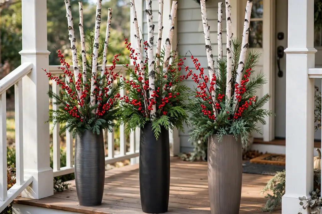 Tall narrow pots with birch stems, red berry branches, and evergreen sprigs.