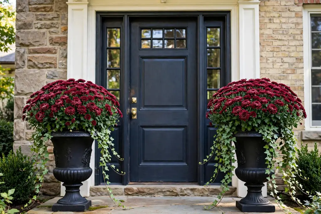 Black urns with burgundy mums and trailing ivy flanking a front door.
