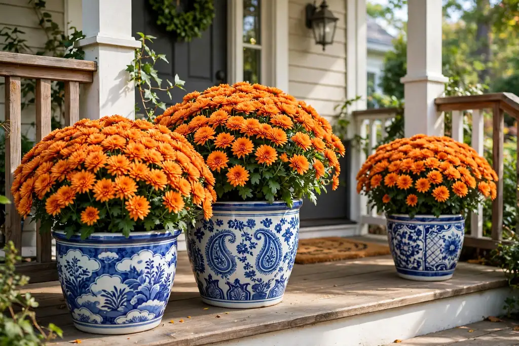 Blue and white ceramic pots with bright orange mums on a front porch.